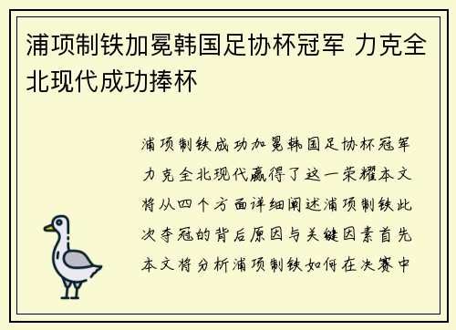 浦项制铁加冕韩国足协杯冠军 力克全北现代成功捧杯