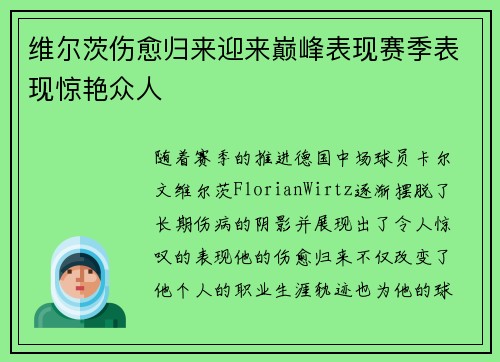 维尔茨伤愈归来迎来巅峰表现赛季表现惊艳众人