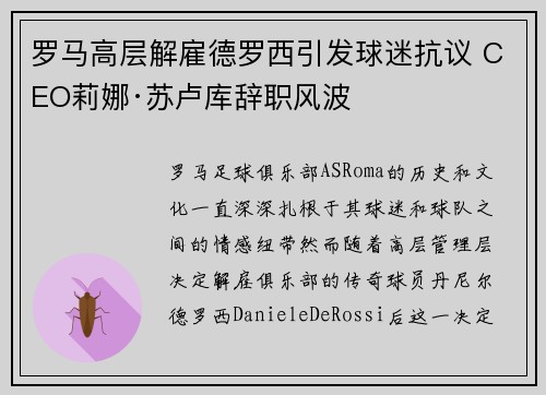 罗马高层解雇德罗西引发球迷抗议 CEO莉娜·苏卢库辞职风波